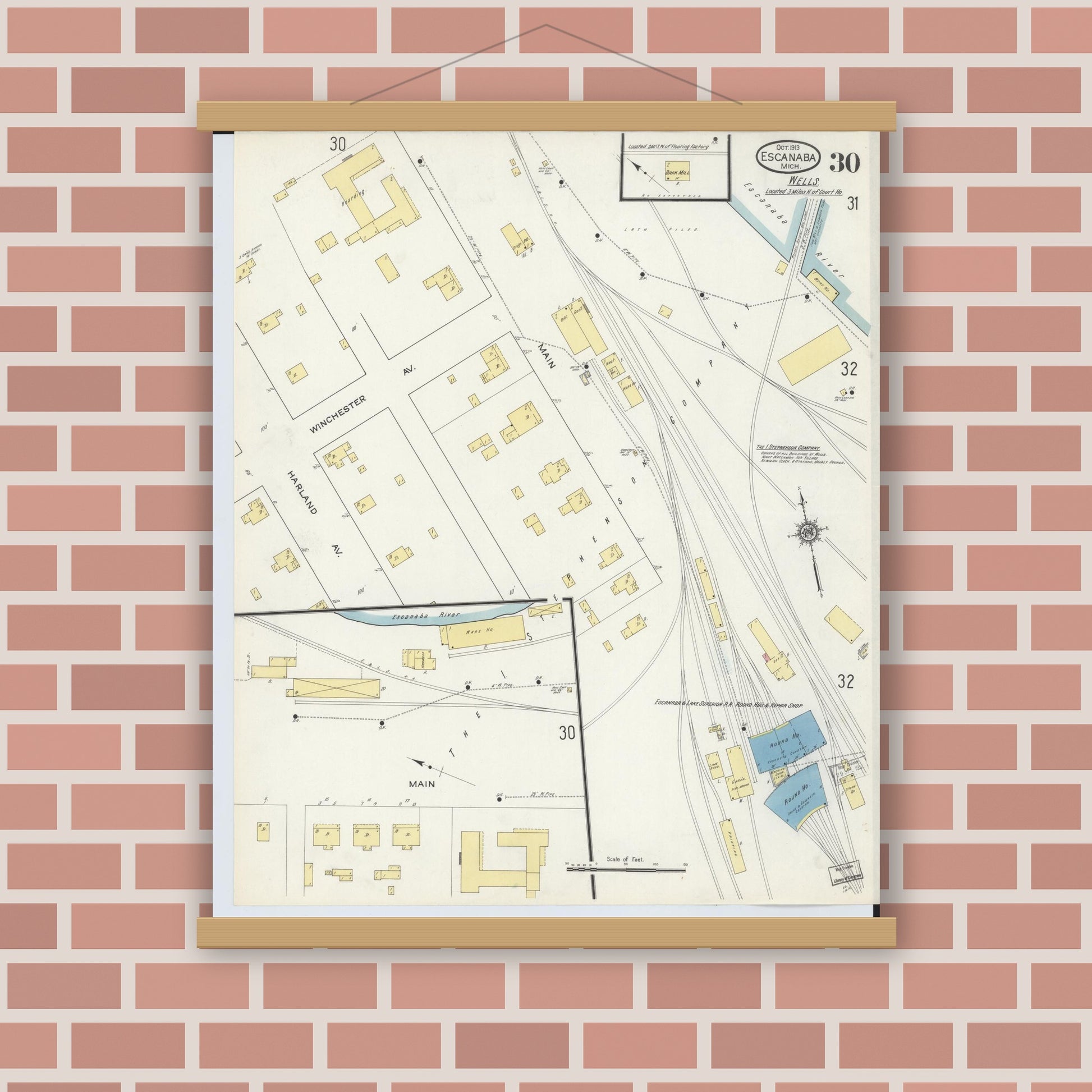 Old map wall art mockup — magnetic wood frame on brick wall — Sanborn Fire Insurance Map from Escanaba, Delta County, Michigan (1913), Sheet #0030