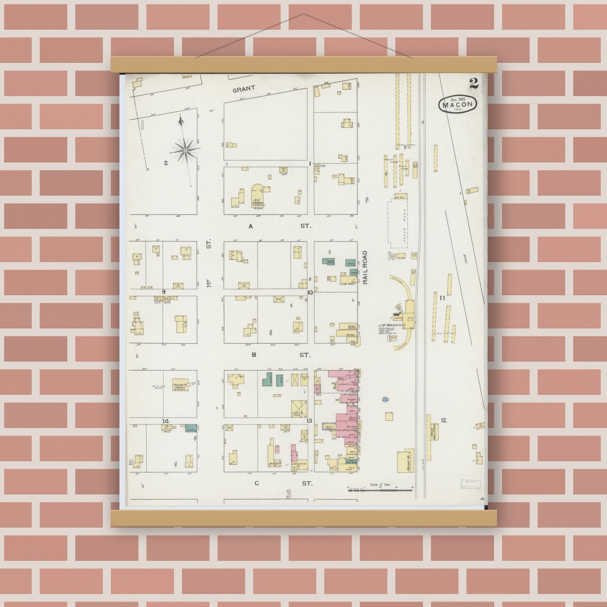 Old map wall art mockup — magnetic wood frame on brick wall — Sanborn Fire Insurance Map from Macon, Macon County, Illinois (1893), Sheet #0002