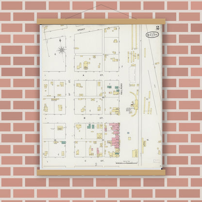 Old map wall art mockup — magnetic wood frame on brick wall — Sanborn Fire Insurance Map from Macon, Macon County, Illinois (1893), Sheet #0002