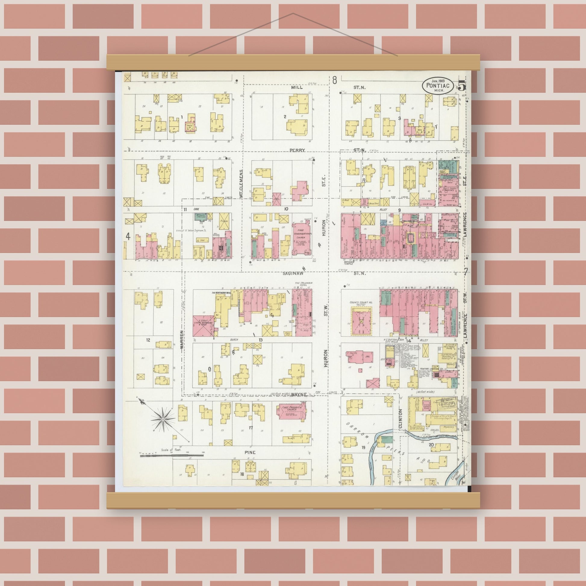 Old map wall art mockup — magnetic wood frame on brick wall — Sanborn Fire Insurance Map from Pontiac, Oakland County, Michigan (1903), Sheet #0005