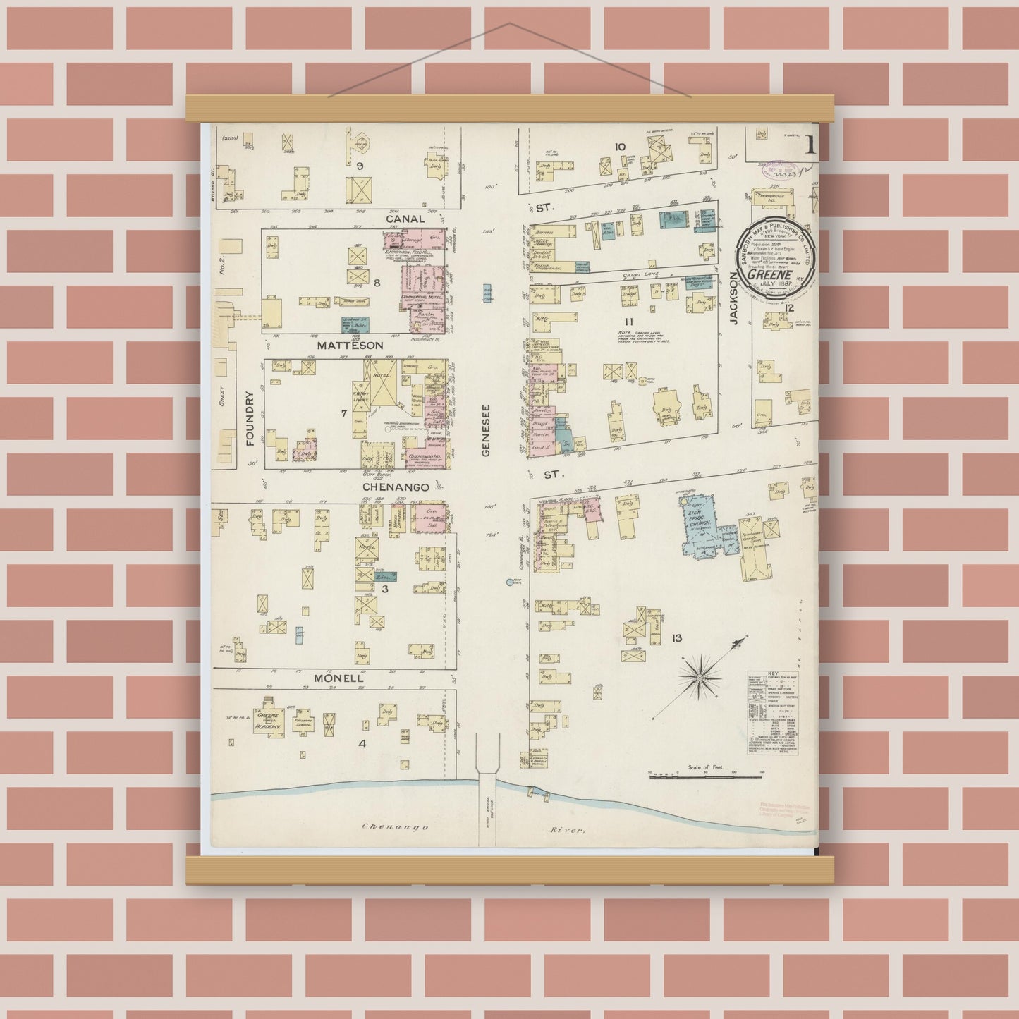 Old map wall art mockup — magnetic wood frame on brick wall — Sanborn Fire Insurance Map from Greene, Chenango County, New York (1887), Sheet #0001
