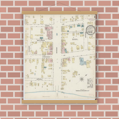 Old map wall art mockup — magnetic wood frame on brick wall — Sanborn Fire Insurance Map from Greene, Chenango County, New York (1887), Sheet #0001