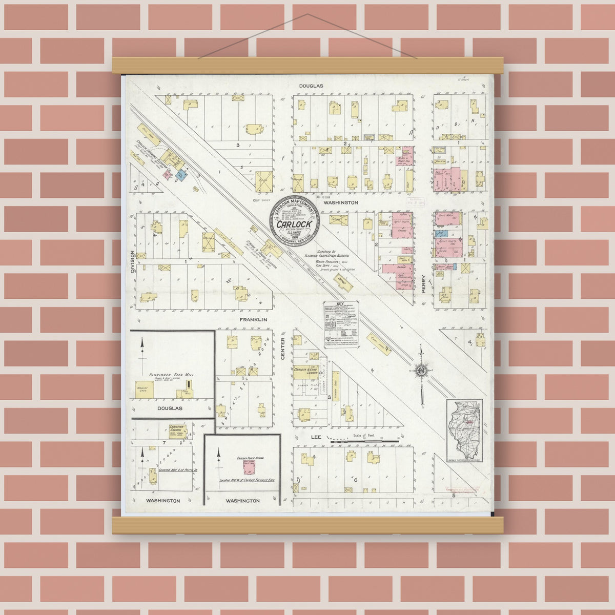 Old map wall art mockup — magnetic wood frame on brick wall — Sanborn Fire Insurance Map from Carlock, McLean County, Illinois (1914), Sheet #0001
