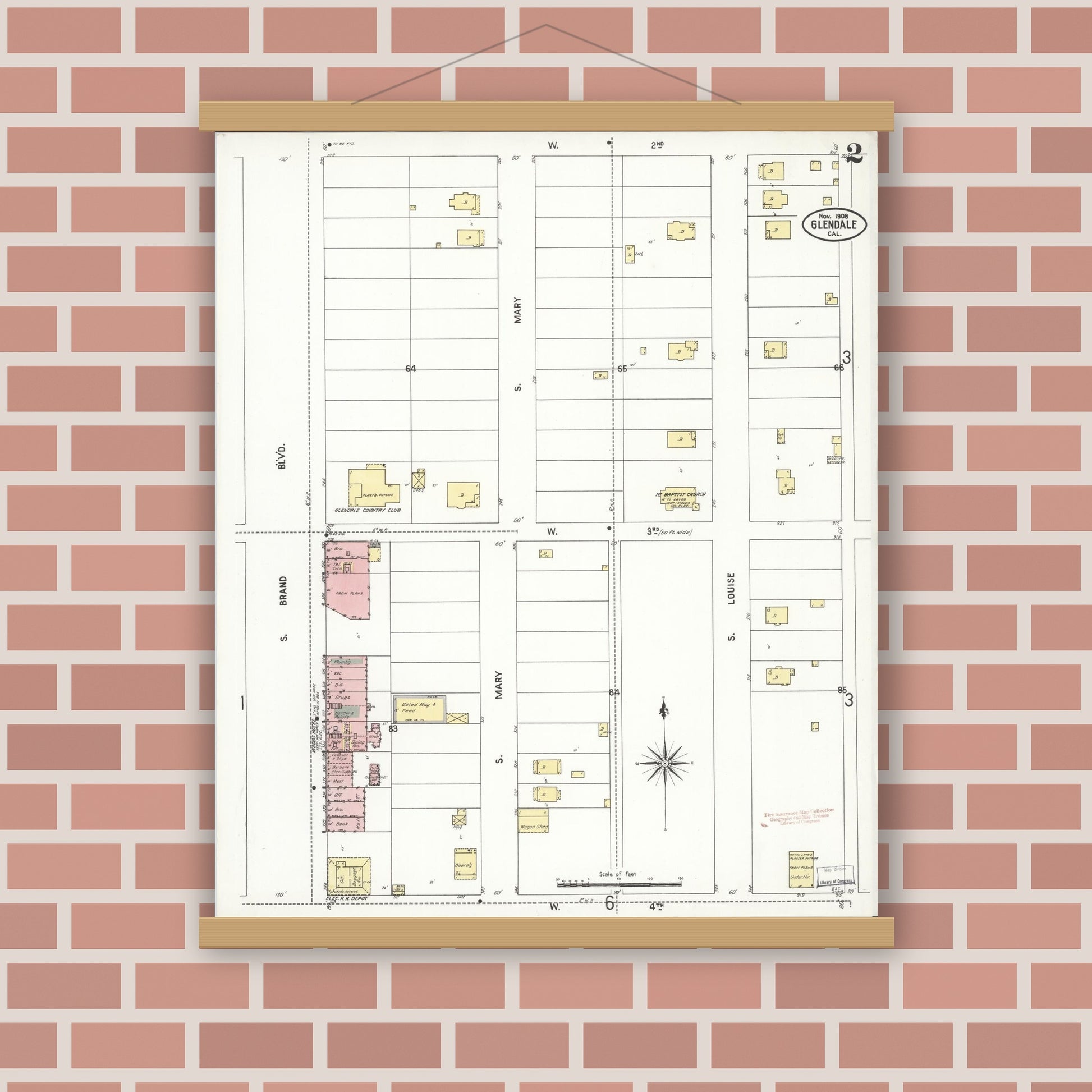 Old map wall art mockup — magnetic wood frame on brick wall — Sanborn Fire Insurance Map from Glendale, Los Angeles County, California (1908), Sheet #0002