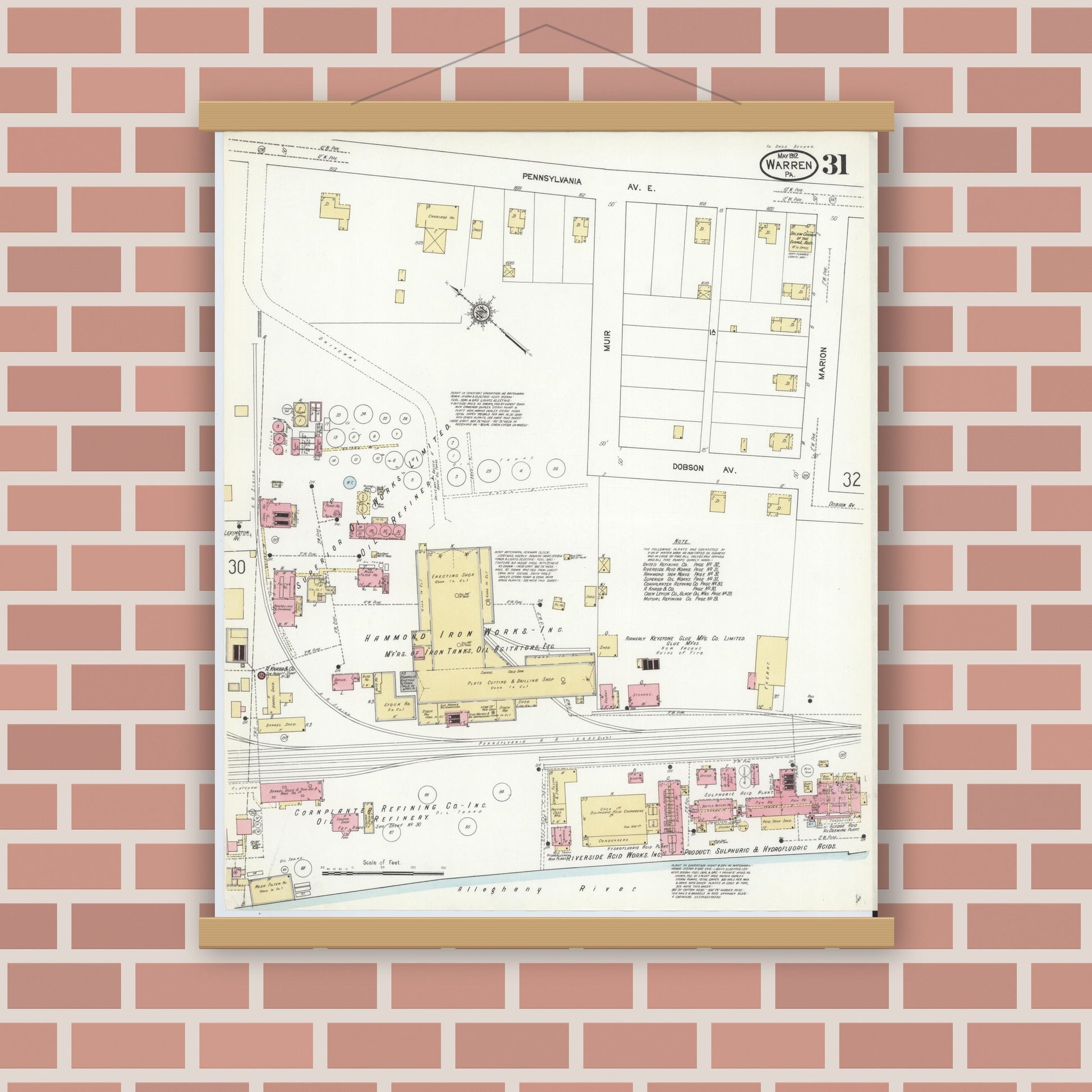Old map wall art mockup — magnetic wood frame on brick wall — Sanborn Fire Insurance Map from Warren, Warren County, Pennsylvania (1912), Sheet #0031