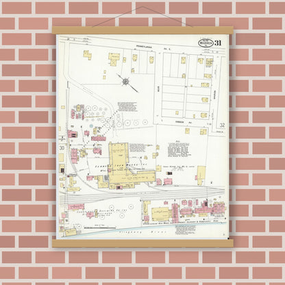 Old map wall art mockup — magnetic wood frame on brick wall — Sanborn Fire Insurance Map from Warren, Warren County, Pennsylvania (1912), Sheet #0031
