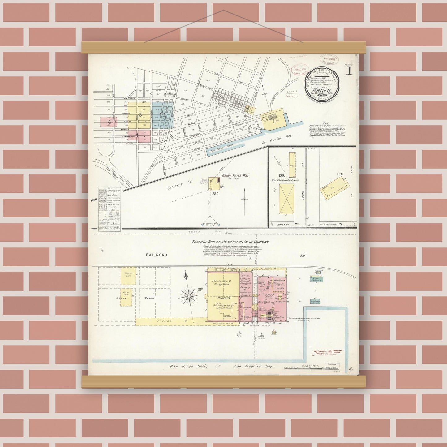 Old map wall art mockup — magnetic wood frame on brick wall — Sanborn Fire Insurance Map from Baden, San Mateo County, California (1899), Sheet #0001