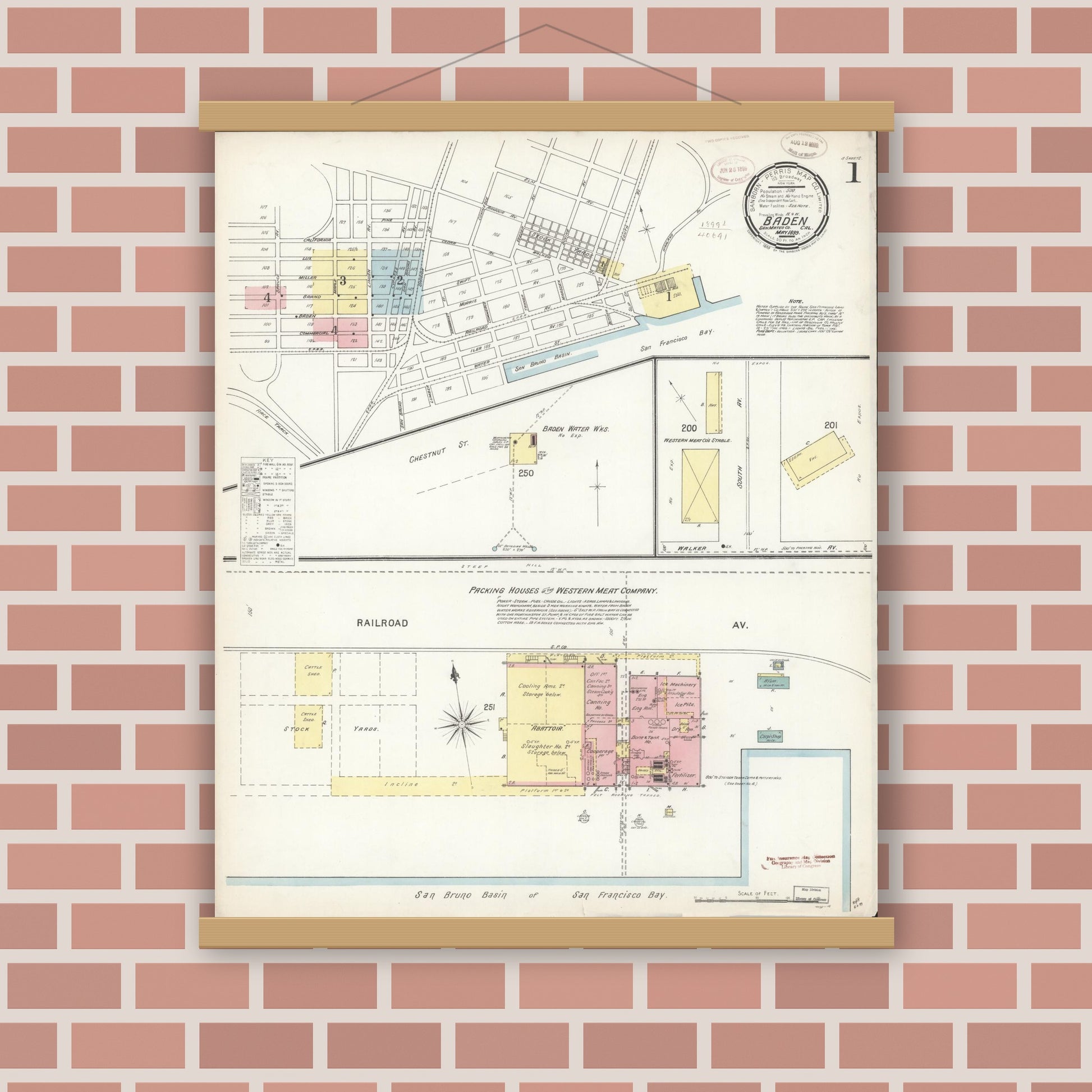 Old map wall art mockup — magnetic wood frame on brick wall — Sanborn Fire Insurance Map from Baden, San Mateo County, California (1899), Sheet #0001