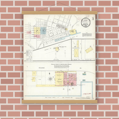Old map wall art mockup — magnetic wood frame on brick wall — Sanborn Fire Insurance Map from Baden, San Mateo County, California (1899), Sheet #0001