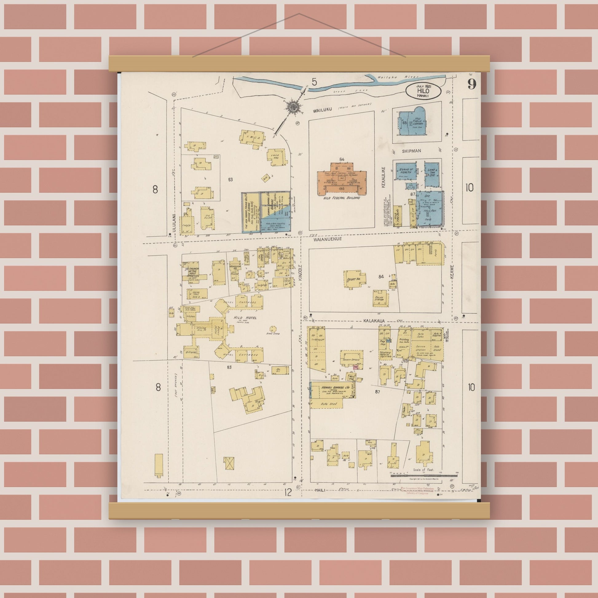 Old map wall art mockup — magnetic wood frame on brick wall — Sanborn Fire Insurance Map from Hilo, Hawaii County, Hawaii (1921), Sheet #0009