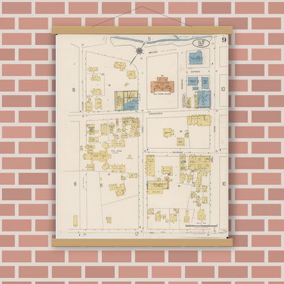 Old map wall art mockup — magnetic wood frame on brick wall — Sanborn Fire Insurance Map from Hilo, Hawaii County, Hawaii (1921), Sheet #0009