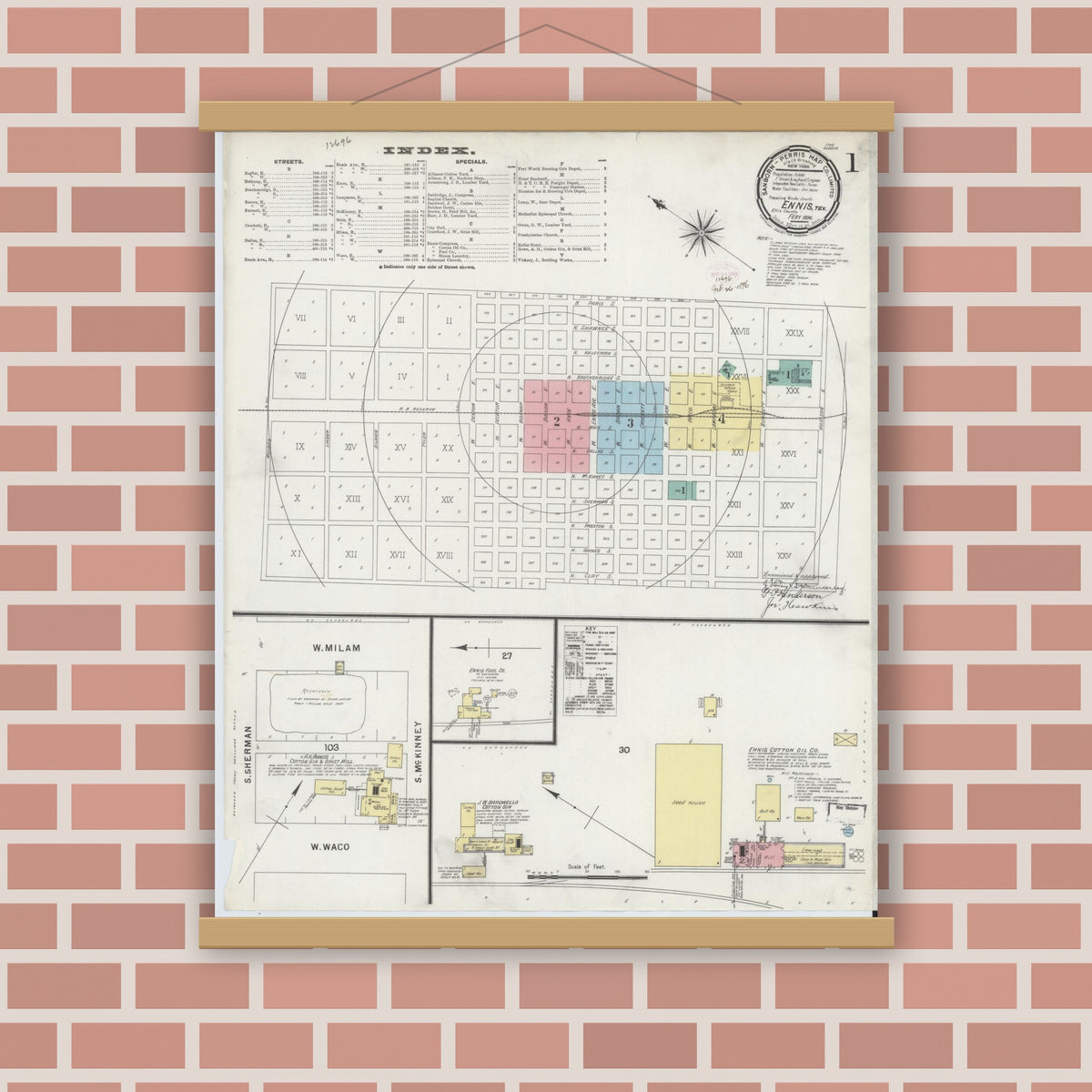 Old map wall art mockup — magnetic wood frame on brick wall — Sanborn Fire Insurance Map from Ennis, Ellis County, Texas (1896), Sheet #0001