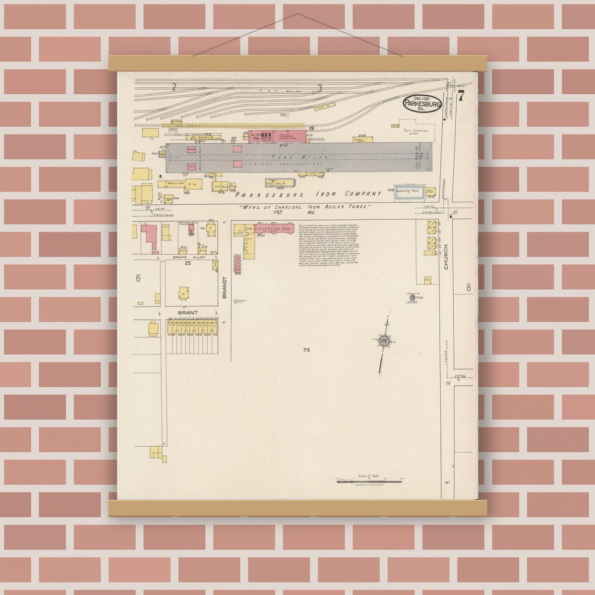 Old map wall art mockup — magnetic wood frame on brick wall — Sanborn Fire Insurance Map from Parkesburg, Chester County, Pennsylvania (1921), Sheet #0007