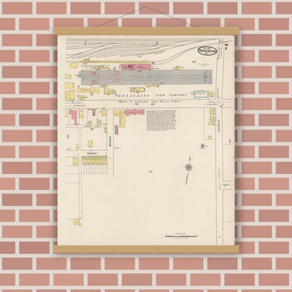 Old map wall art mockup — magnetic wood frame on brick wall — Sanborn Fire Insurance Map from Parkesburg, Chester County, Pennsylvania (1921), Sheet #0007