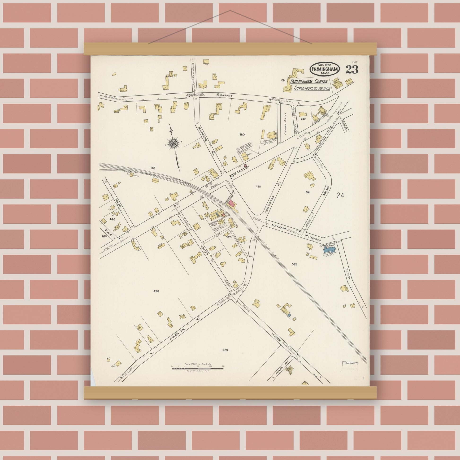 Old map wall art mockup — magnetic wood frame on brick wall — Sanborn Fire Insurance Map from Framingham, Middlesex County, Massachusetts (1922), Sheet #0023