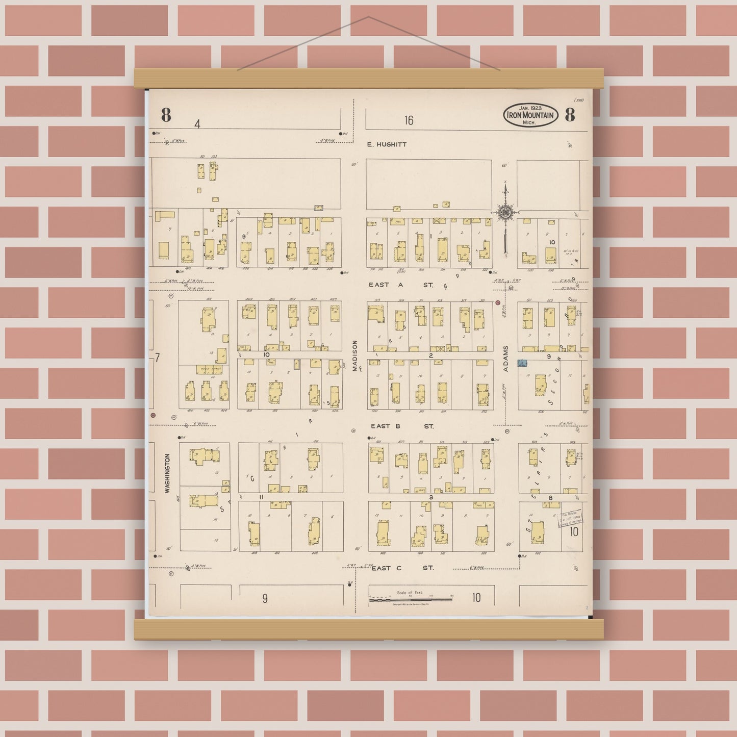 Old map wall art mockup — magnetic wood frame on brick wall — Sanborn Fire Insurance Map from Iron Mountain, Dickinson County, Michigan (1923), Sheet #0008