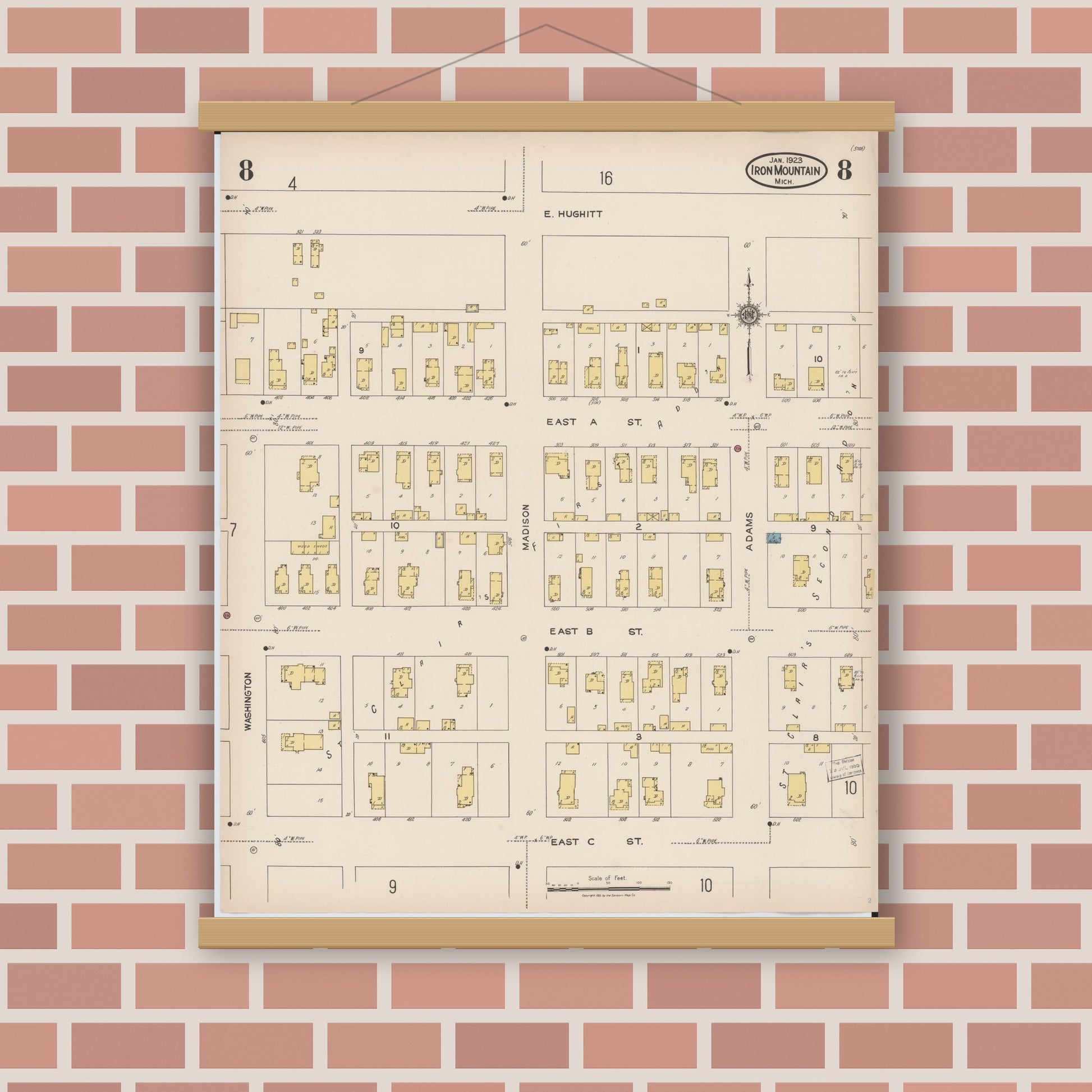 Old map wall art mockup — magnetic wood frame on brick wall — Sanborn Fire Insurance Map from Iron Mountain, Dickinson County, Michigan (1923), Sheet #0008