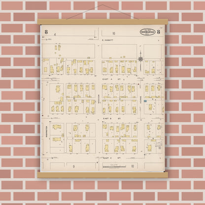 Old map wall art mockup — magnetic wood frame on brick wall — Sanborn Fire Insurance Map from Iron Mountain, Dickinson County, Michigan (1923), Sheet #0008