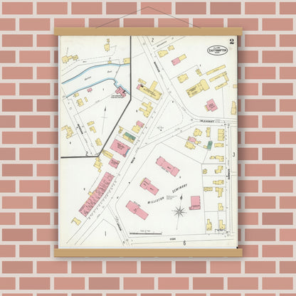 Old map wall art mockup — magnetic wood frame on brick wall — Sanborn Fire Insurance Map from East Hampton, Hampshire County, Massachusetts (1902), Sheet #0002
