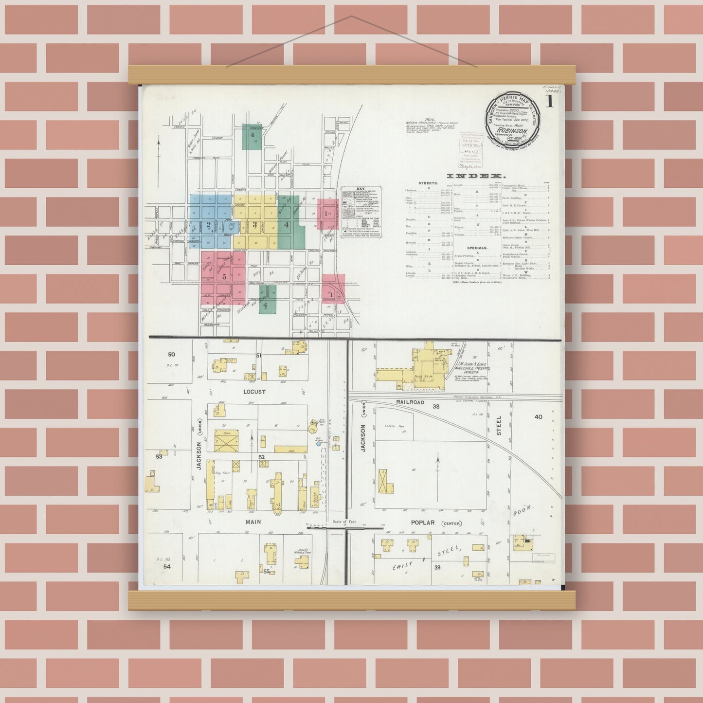 Old map wall art mockup — magnetic wood frame on brick wall — Sanborn Fire Insurance Map from Robinson, Crawford County, Illinois (1899) - Complete Map Set