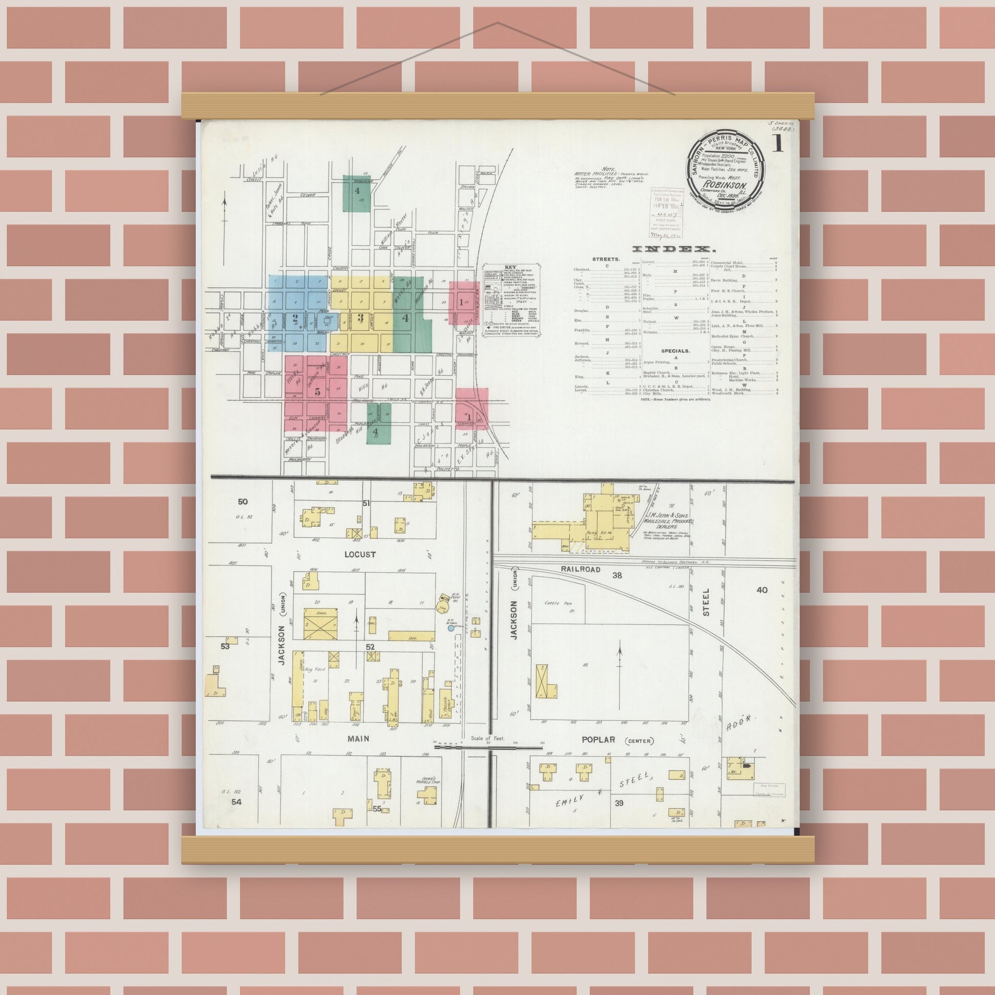 Old map wall art mockup — magnetic wood frame on brick wall — Sanborn Fire Insurance Map from Robinson, Crawford County, Illinois (1899) - Complete Map Set