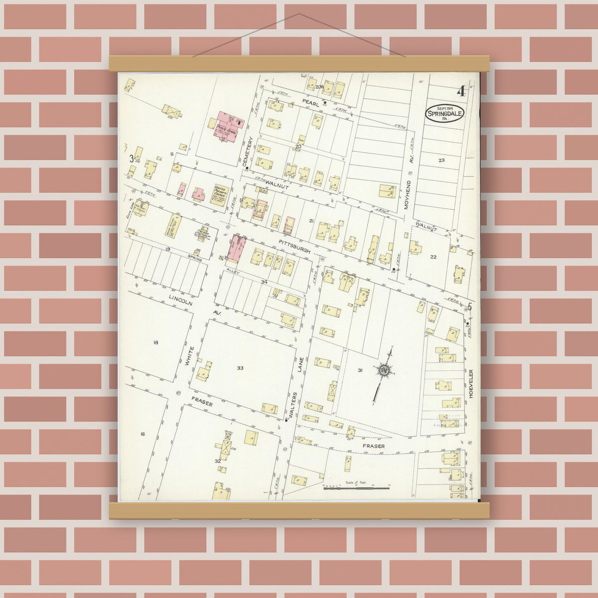 Old map wall art mockup — magnetic wood frame on brick wall — Sanborn Fire Insurance Map from Springdale, Allegheny County, Pennsylvania (1914), Sheet #0004