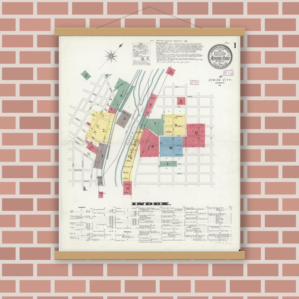 Old map wall art mockup — magnetic wood frame on brick wall — Sanborn Fire Insurance Map from Royersford, Montgomery County, Pennsylvania (1909) - Complete Map Set