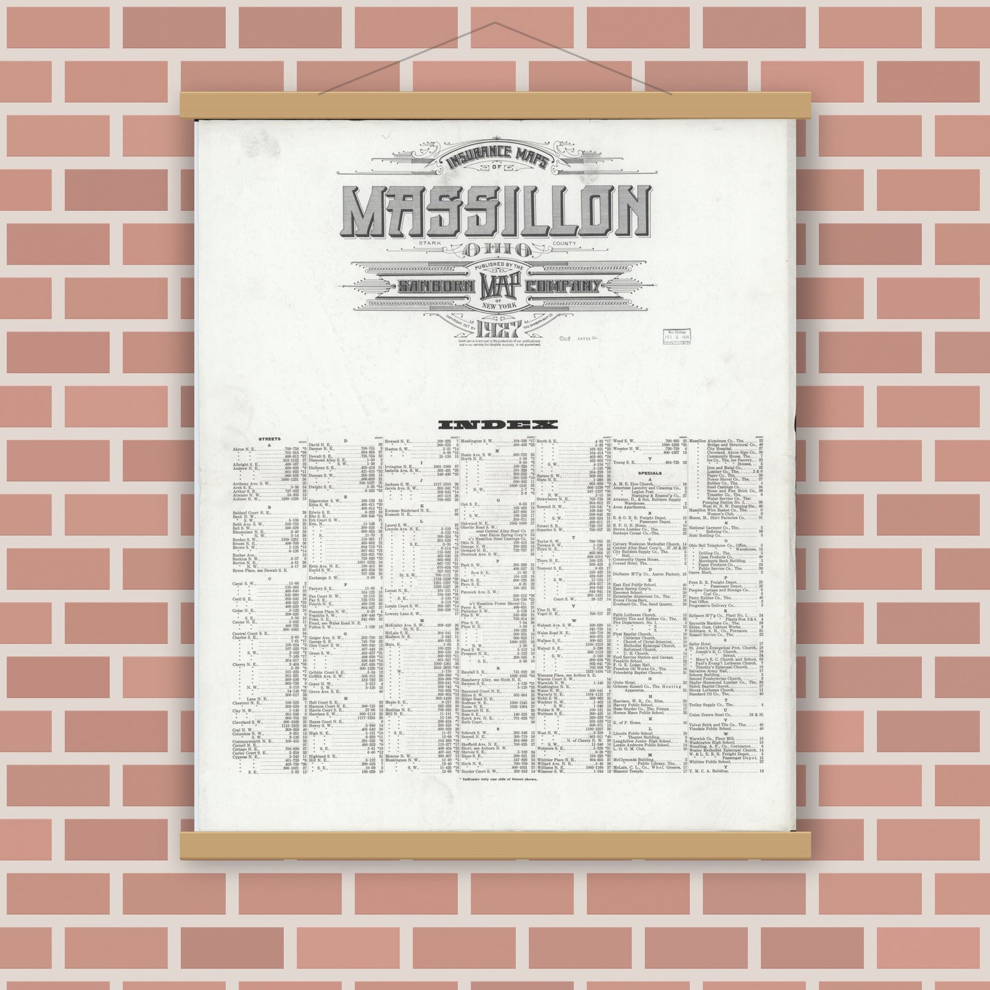 Old map wall art mockup — magnetic wood frame on brick wall — Sanborn Fire Insurance Map from Massillon, Stark County, Ohio (1927), Sheet #0001