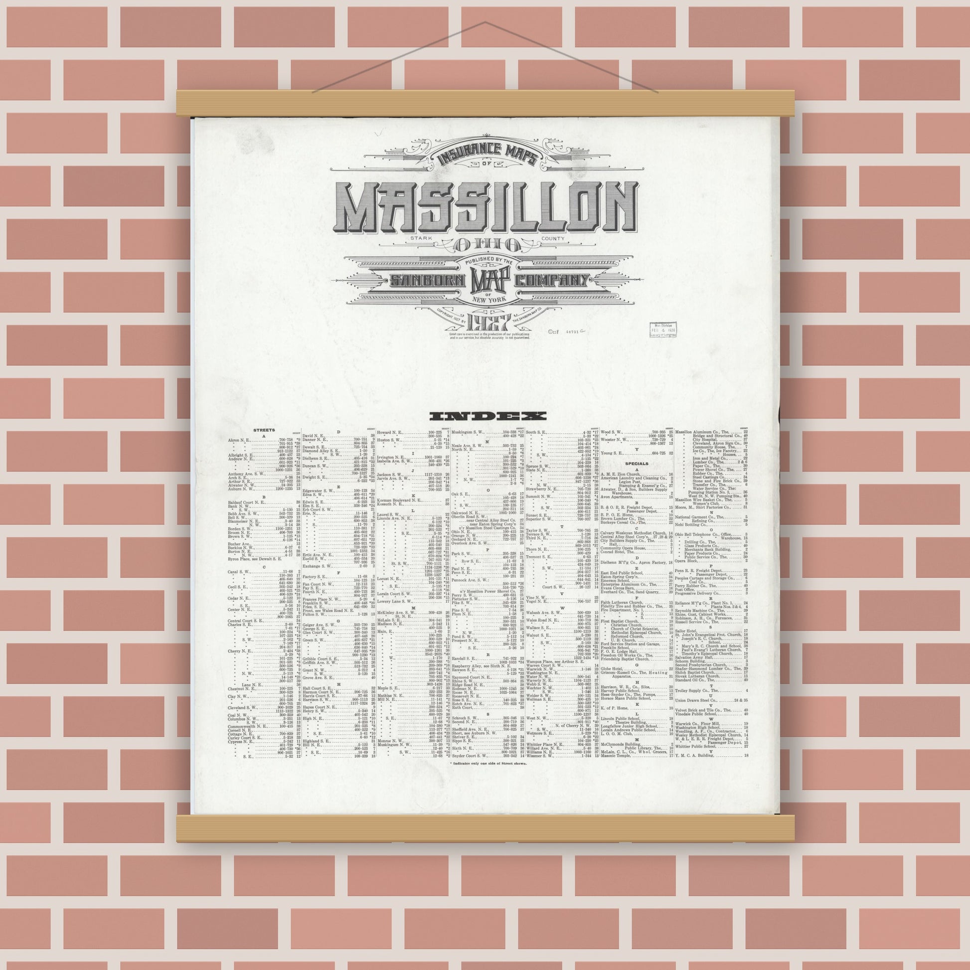 Old map wall art mockup — magnetic wood frame on brick wall — Sanborn Fire Insurance Map from Massillon, Stark County, Ohio (1927), Sheet #0001