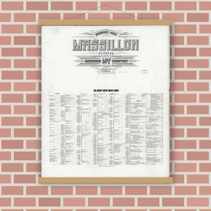 Old map wall art mockup — magnetic wood frame on brick wall — Sanborn Fire Insurance Map from Massillon, Stark County, Ohio (1927), Sheet #0001