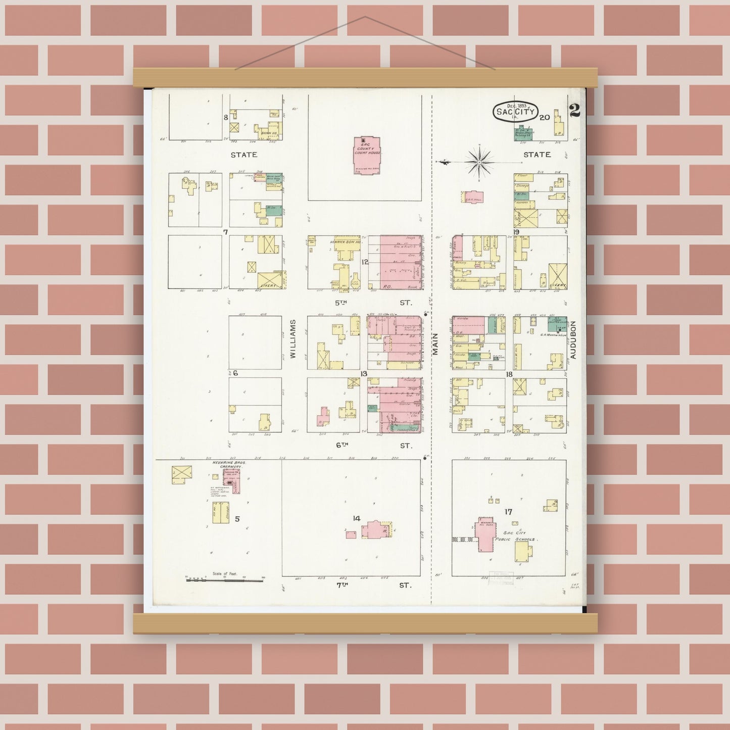 Old map wall art mockup — magnetic wood frame on brick wall — Sanborn Fire Insurance Map from Sac City, Sac County, Iowa (1893), Sheet #0002