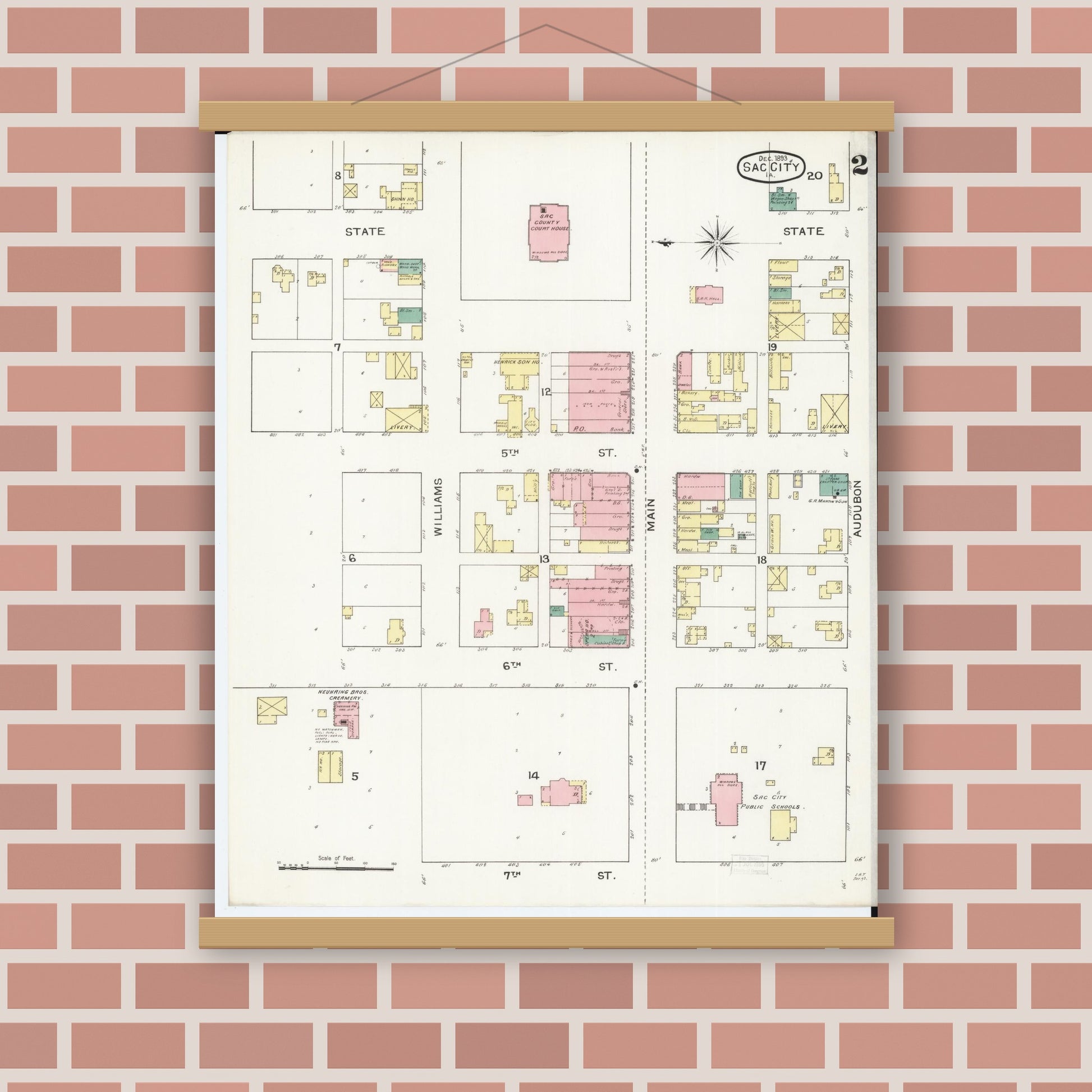 Old map wall art mockup — magnetic wood frame on brick wall — Sanborn Fire Insurance Map from Sac City, Sac County, Iowa (1893), Sheet #0002