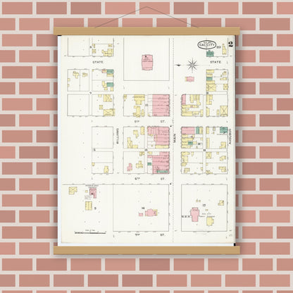 Old map wall art mockup — magnetic wood frame on brick wall — Sanborn Fire Insurance Map from Sac City, Sac County, Iowa (1893), Sheet #0002