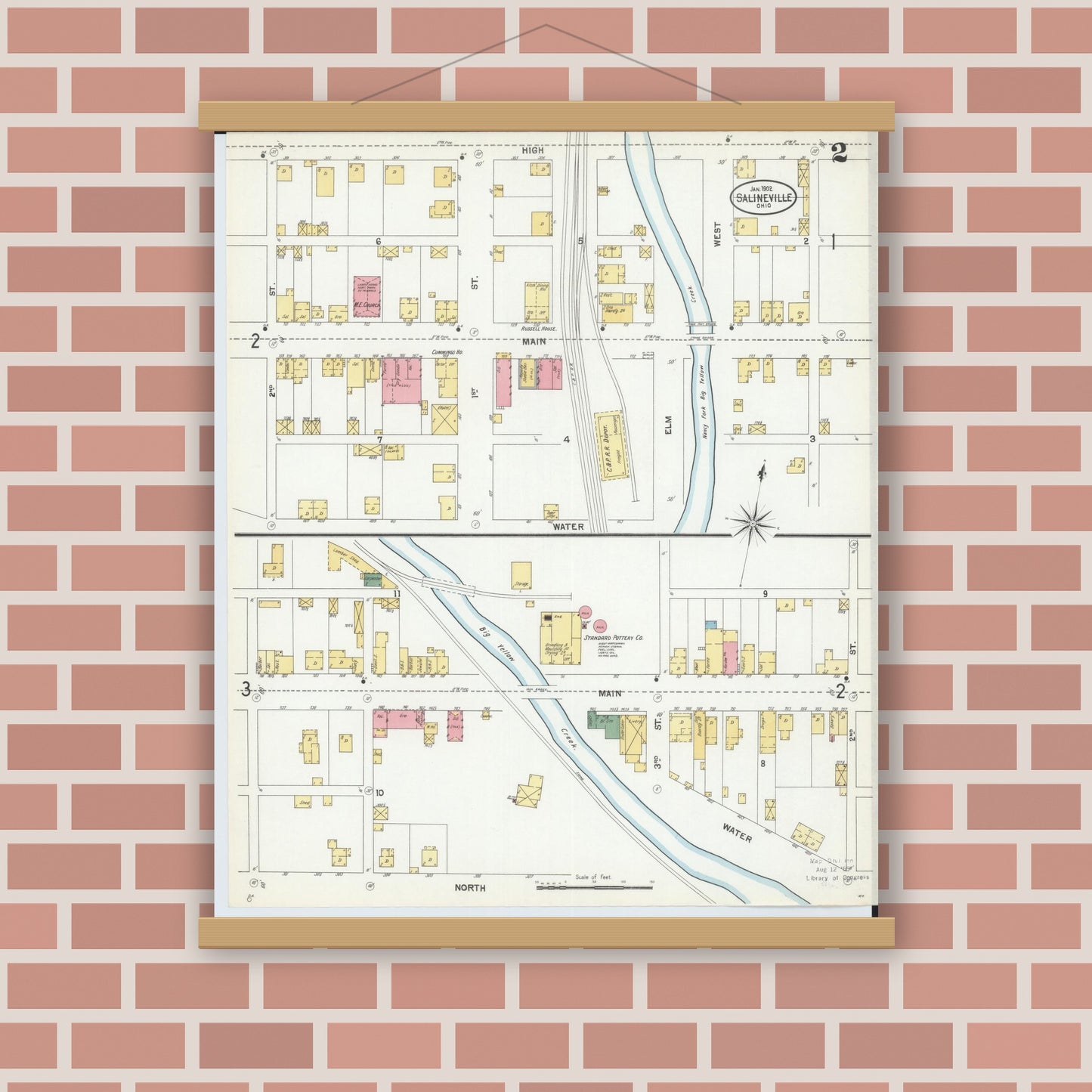 Old map wall art mockup — magnetic wood frame on brick wall — Sanborn Fire Insurance Map from Salineville, Columbiana County, Ohio (1902), Sheet #0002