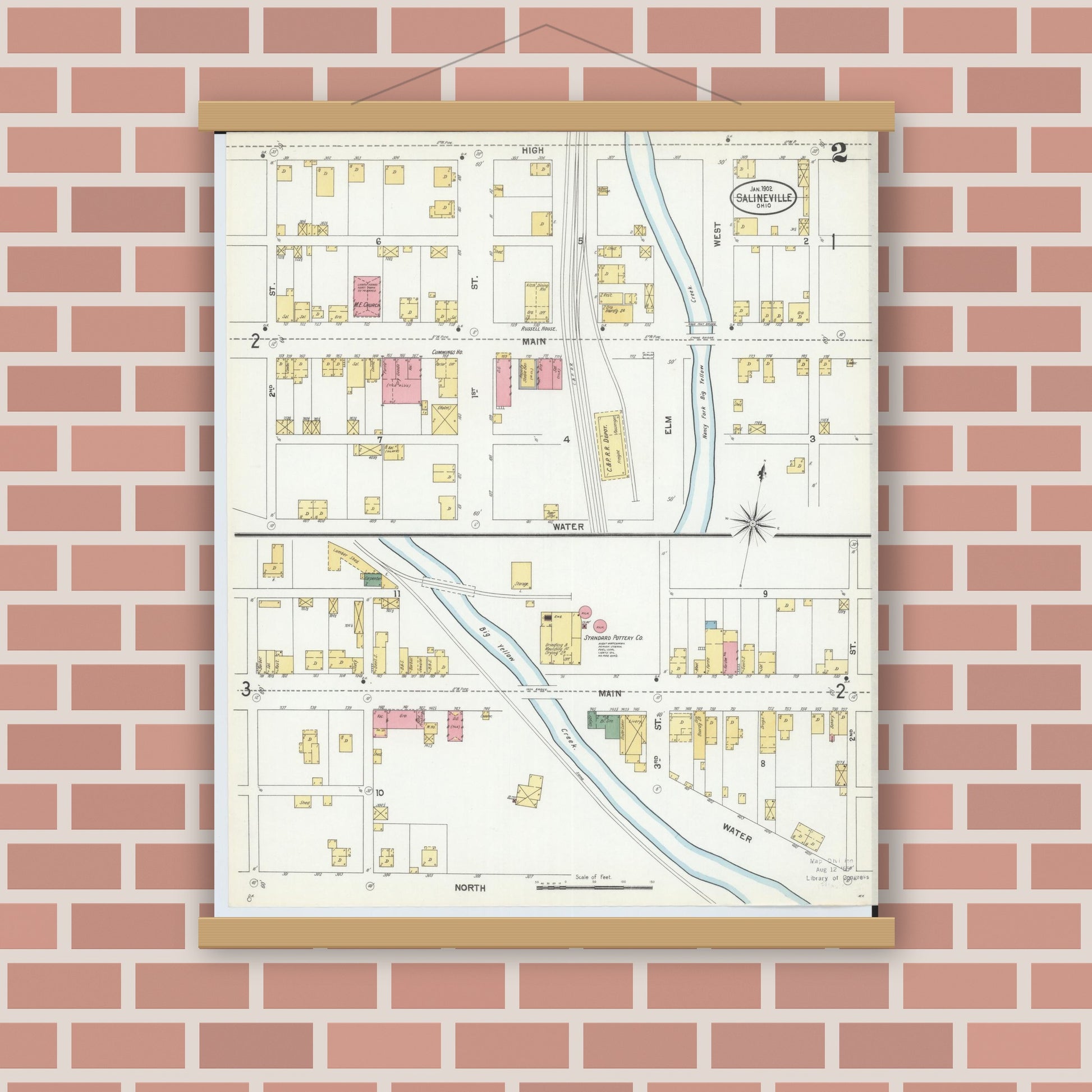 Old map wall art mockup — magnetic wood frame on brick wall — Sanborn Fire Insurance Map from Salineville, Columbiana County, Ohio (1902), Sheet #0002