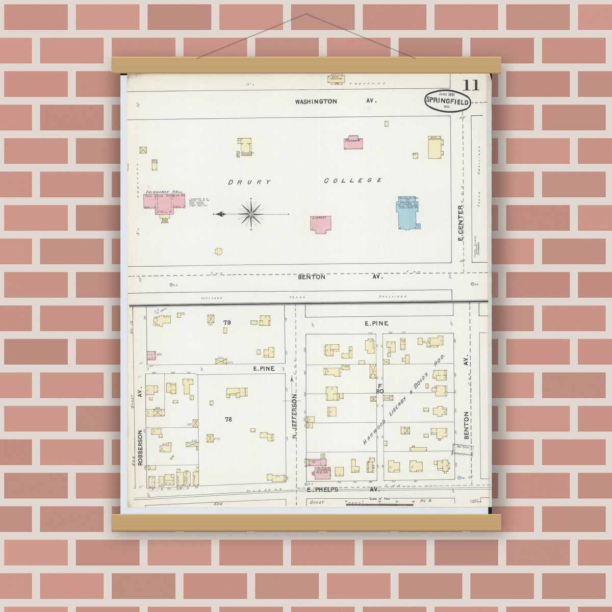 Old map wall art mockup — magnetic wood frame on brick wall — Sanborn Fire Insurance Map from Springfield, Greene County, Missouri (1891), Sheet #0011