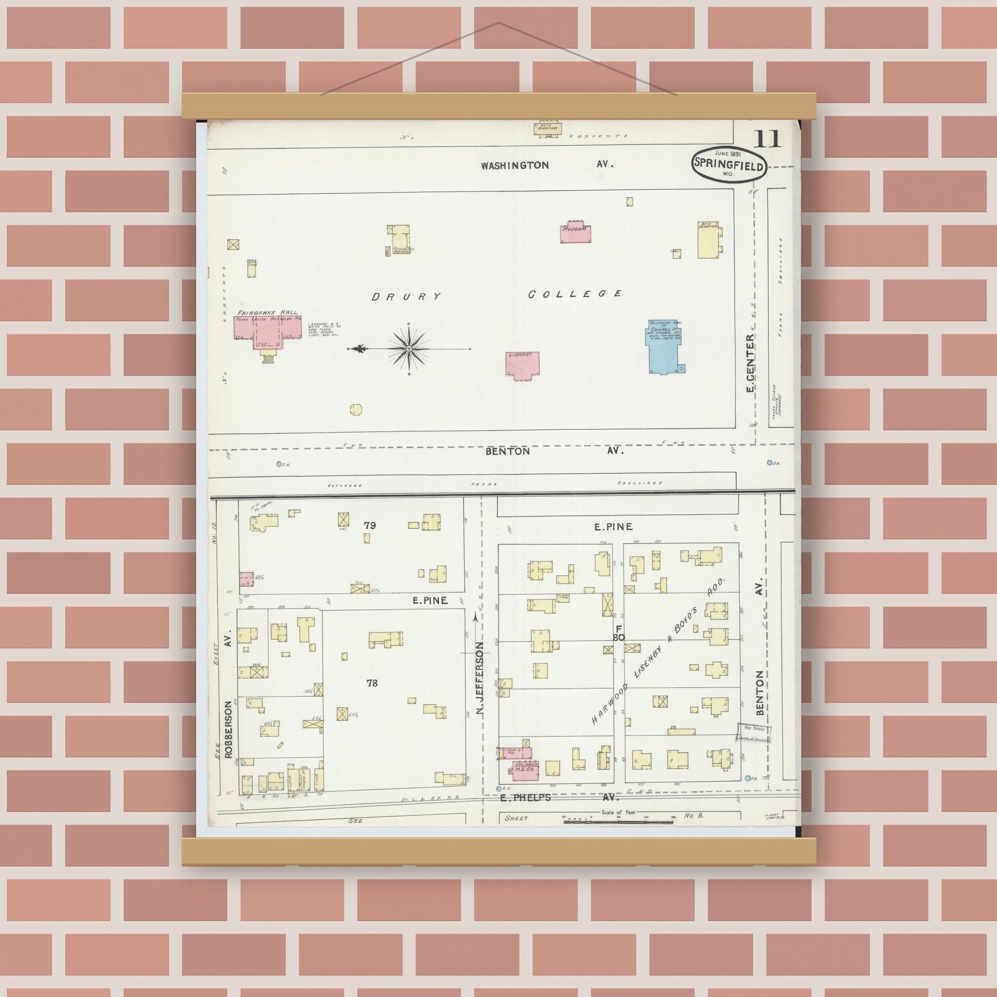 Old map wall art mockup — magnetic wood frame on brick wall — Sanborn Fire Insurance Map from Springfield, Greene County, Missouri (1891), Sheet #0011