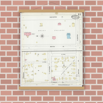 Old map wall art mockup — magnetic wood frame on brick wall — Sanborn Fire Insurance Map from Springfield, Greene County, Missouri (1891), Sheet #0011