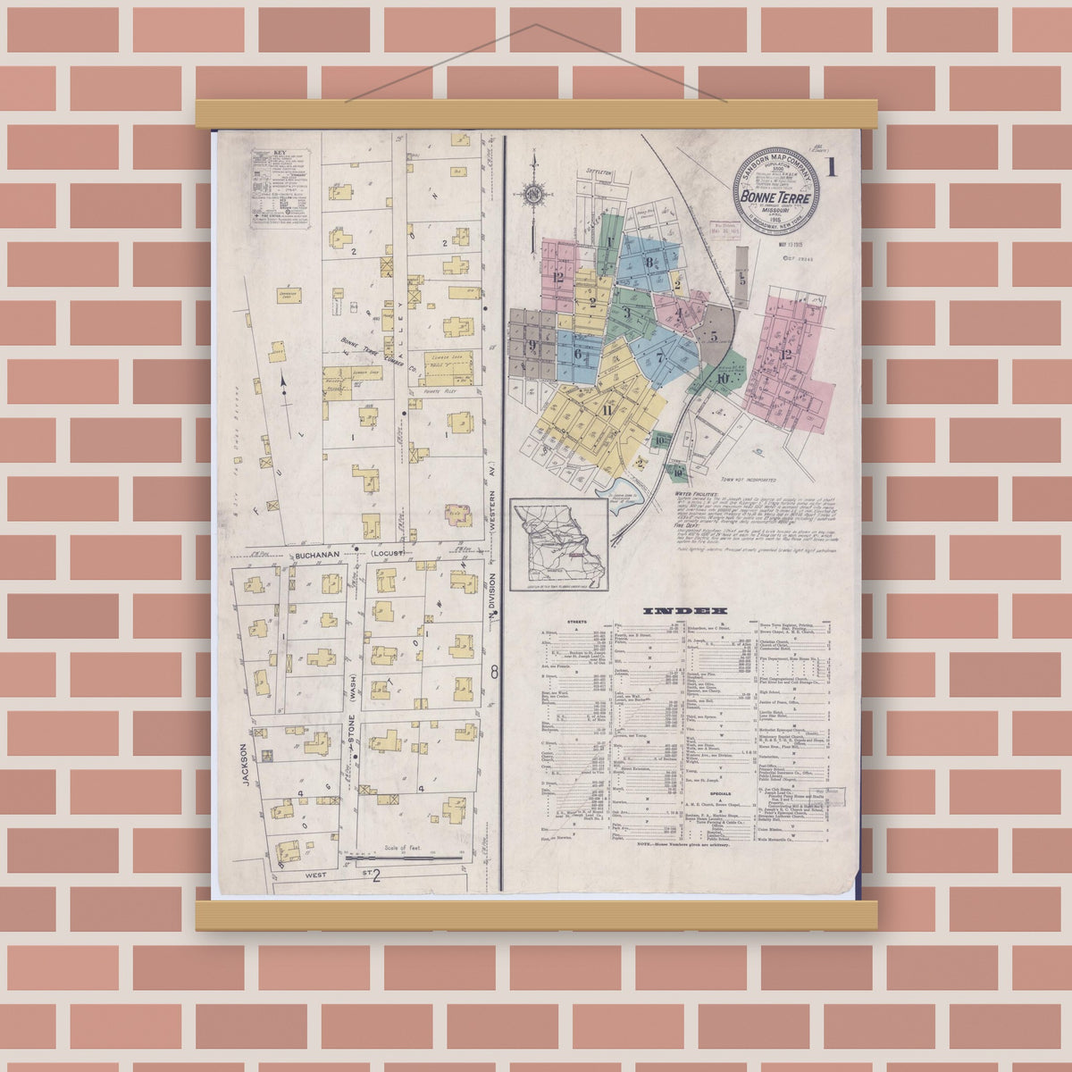 Old map wall art mockup — magnetic wood frame on brick wall — Sanborn Fire Insurance Map from Bonne Terre, Saint Francois County, Missouri (1915) - Complete Map Set