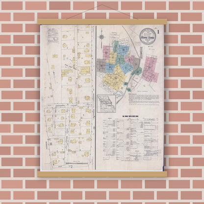 Old map wall art mockup — magnetic wood frame on brick wall — Sanborn Fire Insurance Map from Bonne Terre, Saint Francois County, Missouri (1915) - Complete Map Set