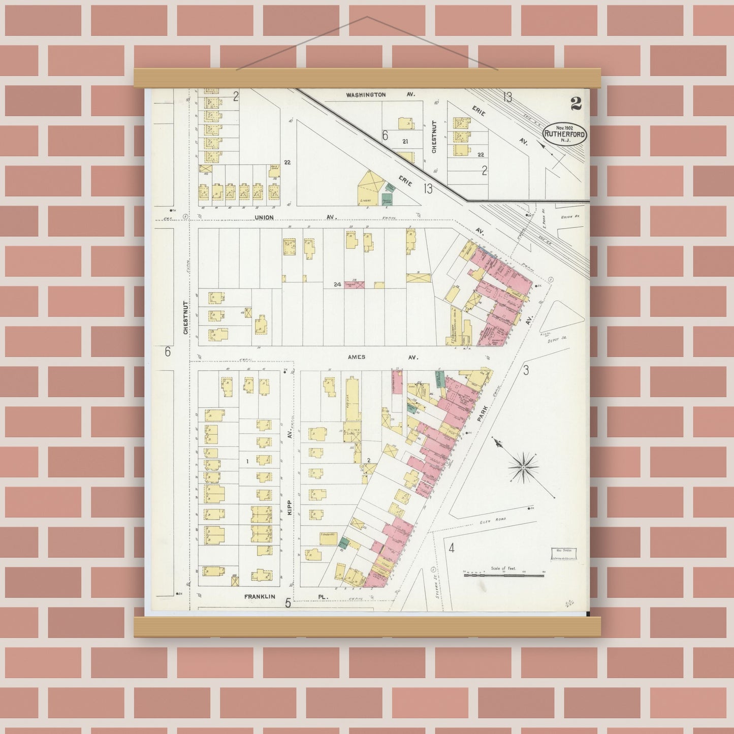 Old map wall art mockup — magnetic wood frame on brick wall — Sanborn Fire Insurance Map from Rutherford, Bergen County, New Jersey (1902) - Complete Map Set