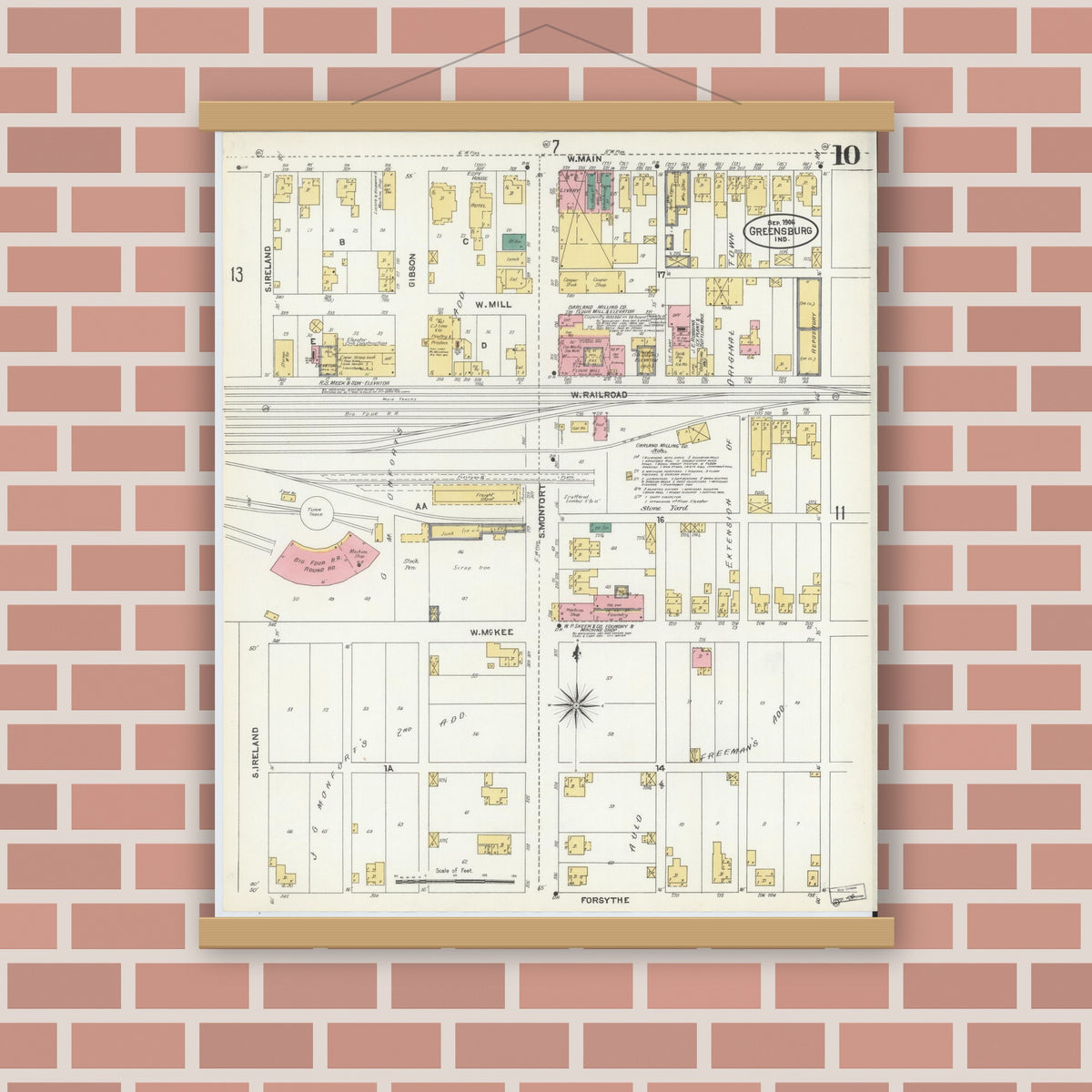 Old map wall art mockup — magnetic wood frame on brick wall — Sanborn Fire Insurance Map from Greensburg, Decatur County, Indiana (1906), Sheet #0010