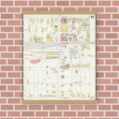 Old map wall art mockup — magnetic wood frame on brick wall — Sanborn Fire Insurance Map from Greensburg, Decatur County, Indiana (1906), Sheet #0010