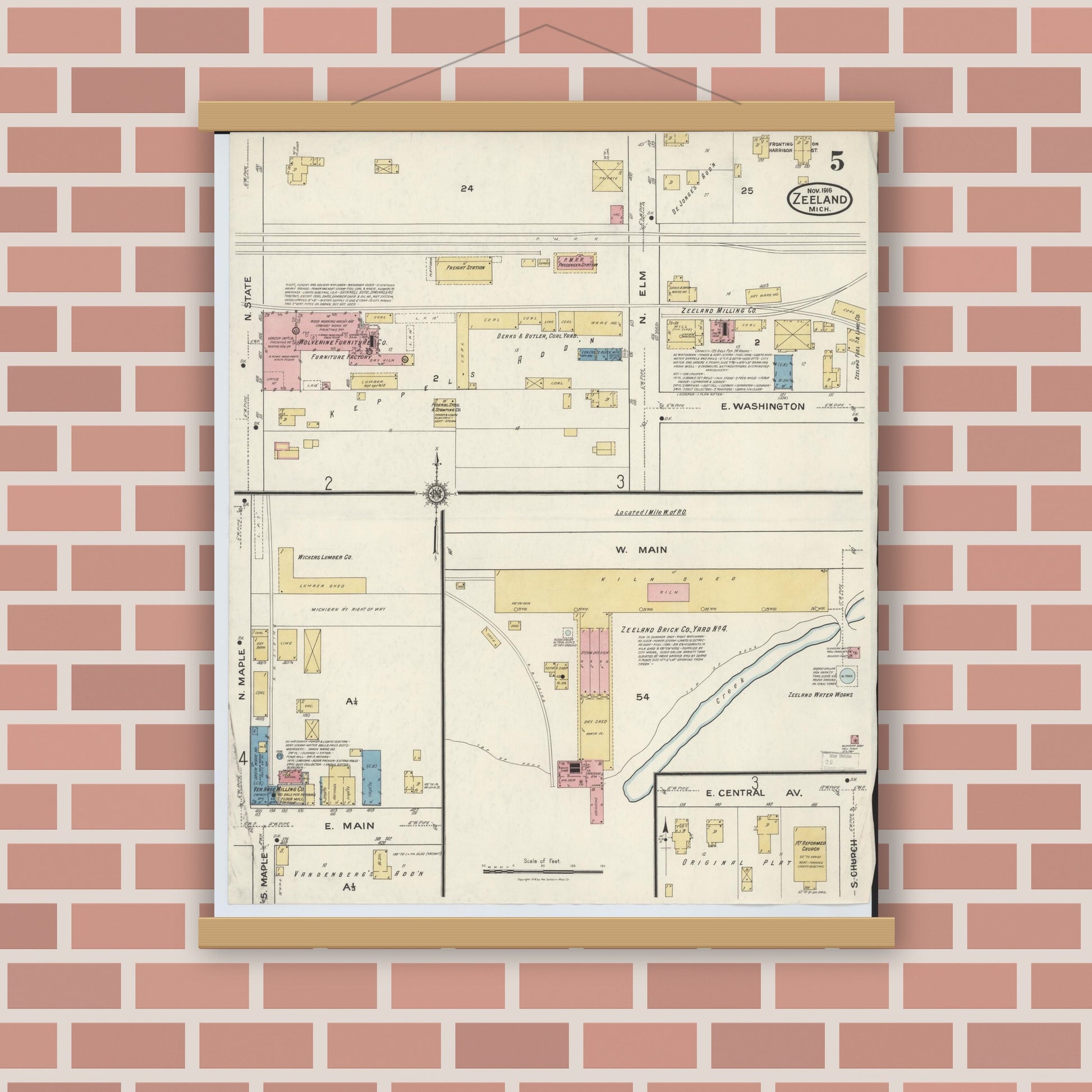 Old map wall art mockup — magnetic wood frame on brick wall — Sanborn Fire Insurance Map from Zeeland, Ottawa County, Michigan (1916), Sheet #0005