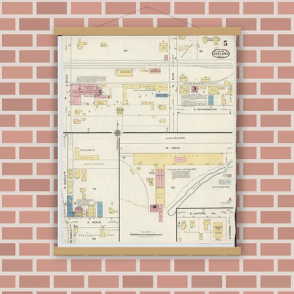Old map wall art mockup — magnetic wood frame on brick wall — Sanborn Fire Insurance Map from Zeeland, Ottawa County, Michigan (1916), Sheet #0005