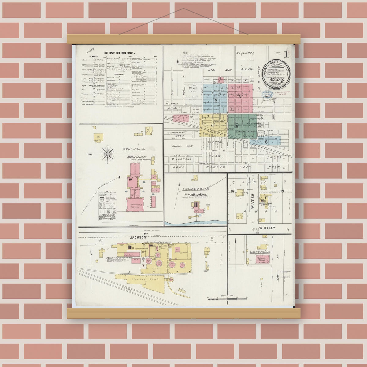 Old map wall art mockup — magnetic wood frame on brick wall — Sanborn Fire Insurance Map from Mexico, Audrain County, Missouri (1894), Sheet #0001