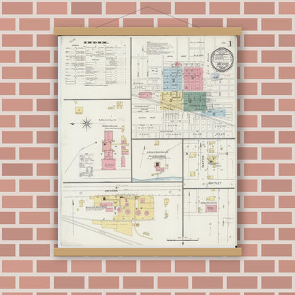 Old map wall art mockup — magnetic wood frame on brick wall — Sanborn Fire Insurance Map from Mexico, Audrain County, Missouri (1894), Sheet #0001