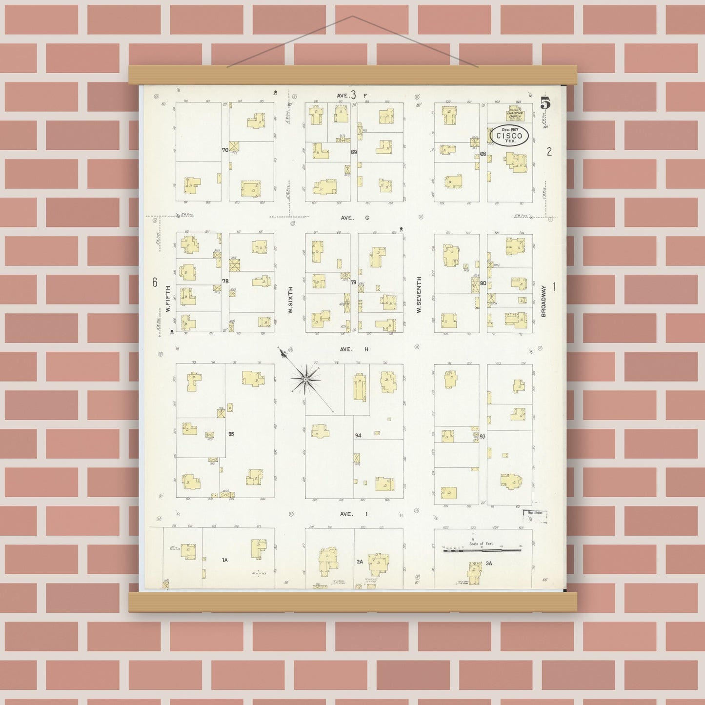 Old map wall art mockup — magnetic wood frame on brick wall — Sanborn Fire Insurance Map from Cisco, Eastland County, Texas (1907), Sheet #0005