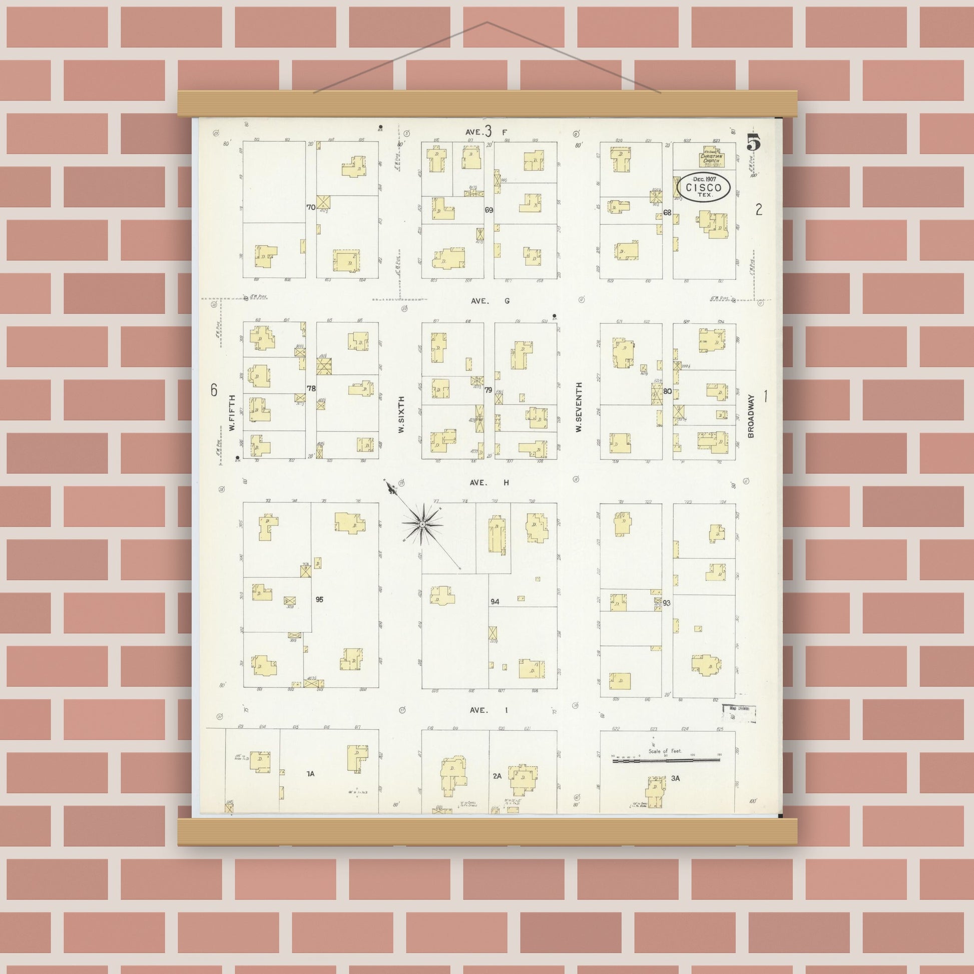 Old map wall art mockup — magnetic wood frame on brick wall — Sanborn Fire Insurance Map from Cisco, Eastland County, Texas (1907), Sheet #0005