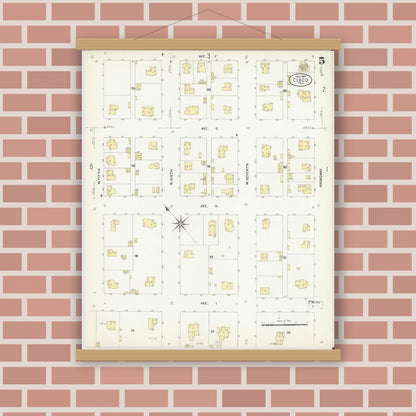 Old map wall art mockup — magnetic wood frame on brick wall — Sanborn Fire Insurance Map from Cisco, Eastland County, Texas (1907), Sheet #0005